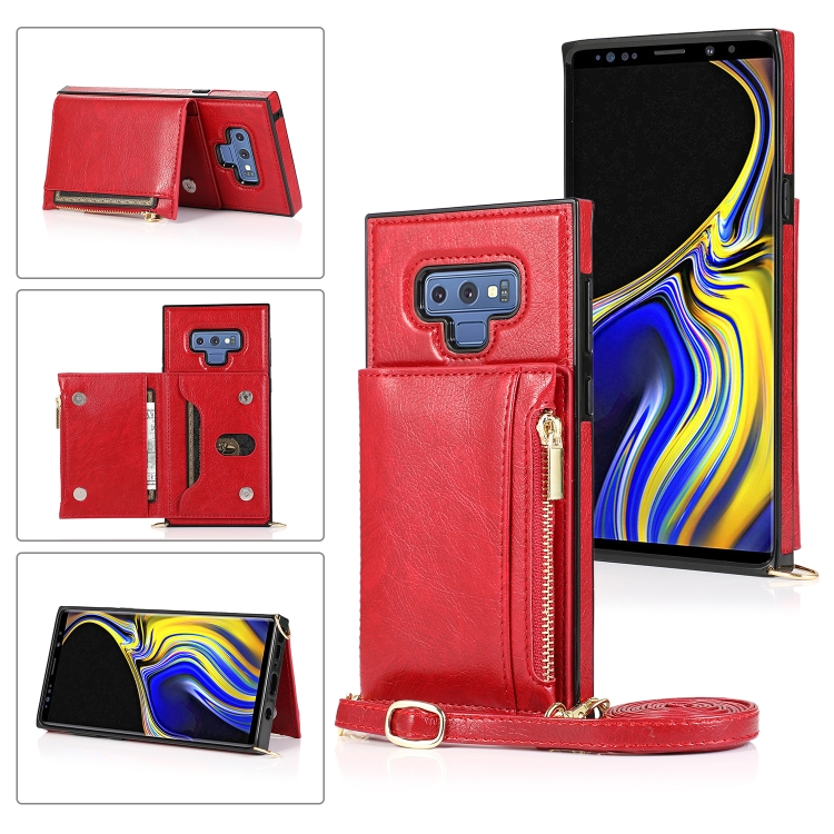 

For Samsung Galaxy Note9 Square Zipper Wallet Bag TPU+PU Back Cover Case with Holder & Card Slots & Wallet & Cross-body Strap(Red)