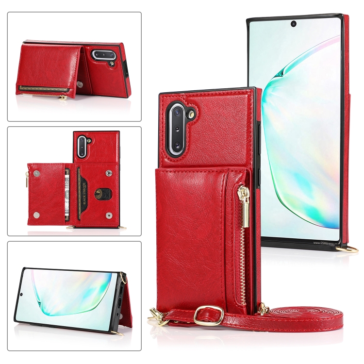 

For Samsung Galaxy Note10 Square Zipper Wallet Bag TPU+PU Back Cover Case with Holder & Card Slots & Wallet & Cross-body Strap(Red)