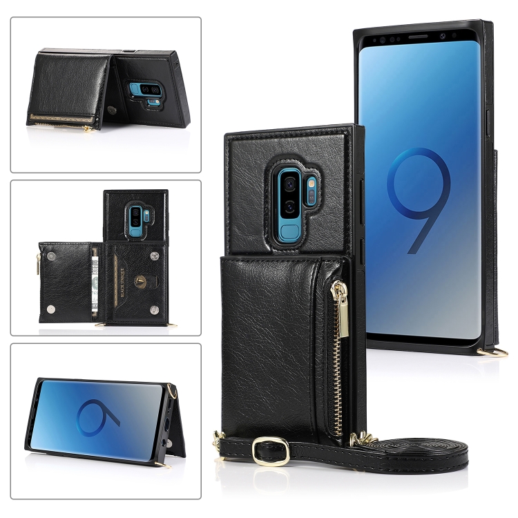 

For Samsung Galaxy S9 Plus Square Zipper Wallet Bag TPU+PU Back Cover Case with Holder & Card Slots & Wallet & Cross-body Strap(Black)