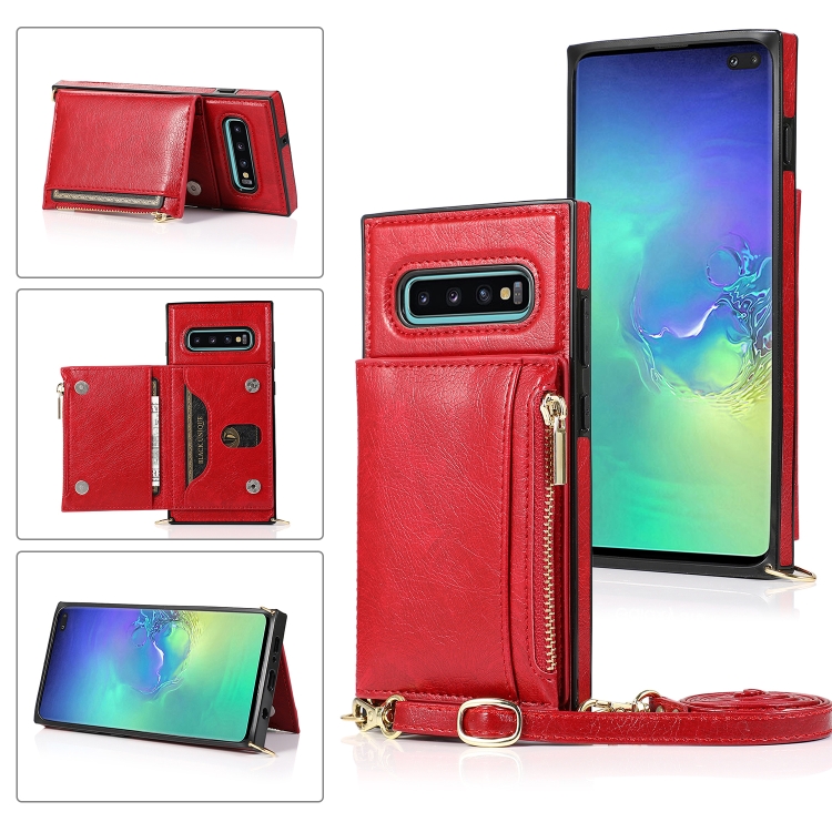 

For Samsung Galaxy S10 Square Zipper Wallet Bag TPU+PU Back Cover Case with Holder & Card Slots & Wallet & Cross-body Strap(Red)