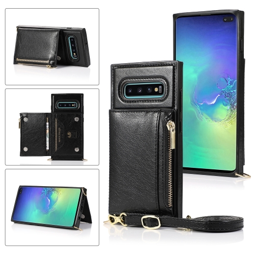 

For Samsung Galaxy S10 Plus Square Zipper Wallet Bag TPU+PU Back Cover Case with Holder & Card Slots & Wallet & Cross-body Strap(Black)