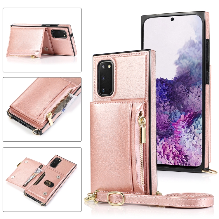 

For Samsung Galaxy S20 Plus Square Zipper Wallet Bag TPU+PU Back Cover Case with Holder & Card Slots & Wallet & Cross-body Strap(Rose Glod)