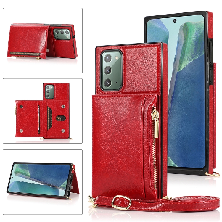 

For Samsung Galaxy Note20 Square Zipper Wallet Bag TPU+PU Back Cover Case with Holder & Card Slots & Wallet & Cross-body Strap(Red)