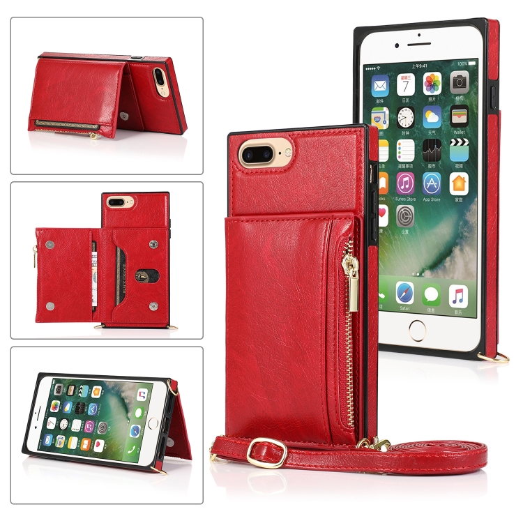 

Square Zipper Wallet Bag TPU+PU Back Cover Case with Holder & Card Slots & Wallet & Cross-body Strap For iPhone 8 Plus / 7 Plus(Red)