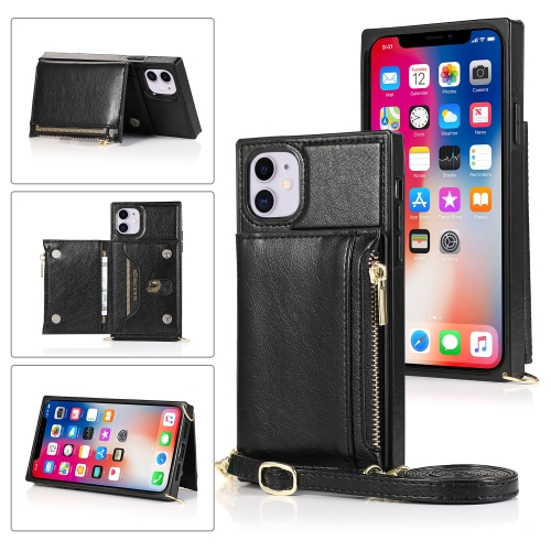 

Square Zipper Wallet Bag TPU+PU Back Cover Case with Holder & Card Slots & Wallet & Cross-body Strap For iPhone 11(Black)