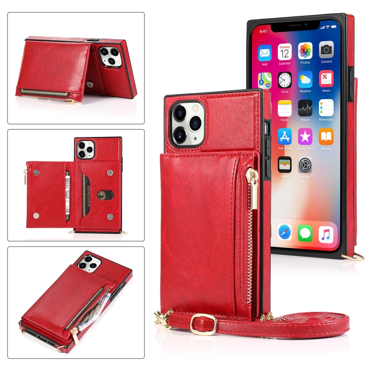 

Square Zipper Wallet Bag TPU+PU Back Cover Case with Holder & Card Slots & Wallet & Cross-body Strap For iPhone 11 Pro(Red)