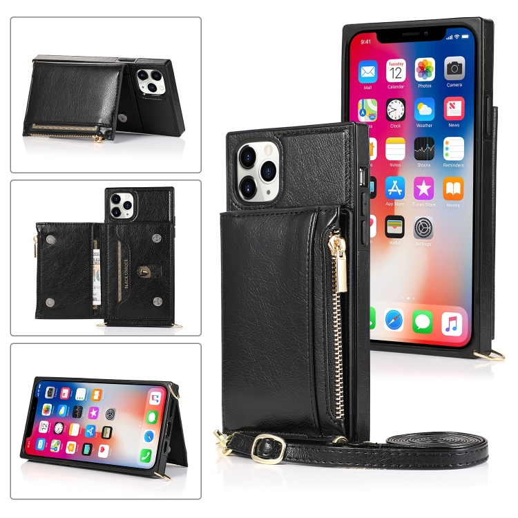 

Square Zipper Wallet Bag TPU+PU Back Cover Case with Holder & Card Slots & Wallet & Cross-body Strap For iPhone 11 Pro Max(Black)