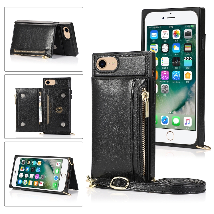 

Square Zipper Wallet Bag TPU+PU Back Cover Case with Holder & Card Slots & Wallet & Cross-body Strap For iPhone SE 2020 / 8 / 7(Black)