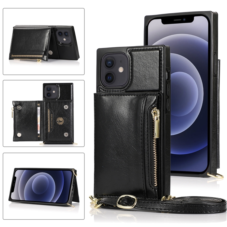 

Square Zipper Wallet Bag TPU+PU Back Cover Case with Holder & Card Slots & Wallet & Cross-body Strap For iPhone 12 mini(Black)