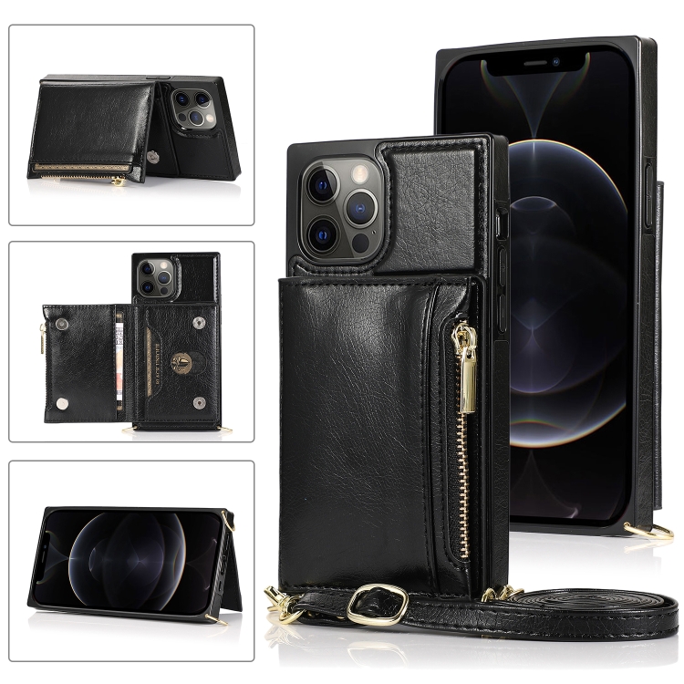 

Square Zipper Wallet Bag TPU+PU Back Cover Case with Holder & Card Slots & Wallet & Cross-body Strap For iPhone 12 / 12 Pro(Black)