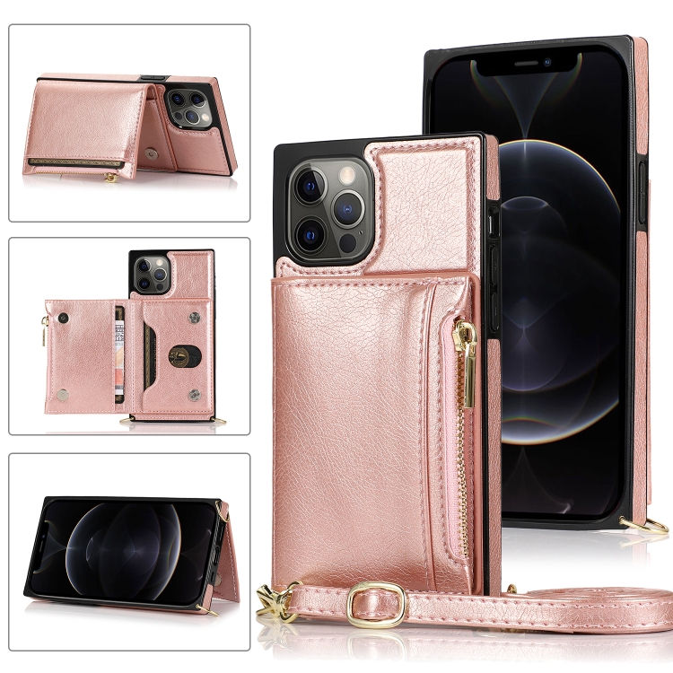 

Square Zipper Wallet Bag TPU+PU Back Cover Case with Holder & Card Slots & Wallet & Cross-body Strap For iPhone 12 Pro Max(Rose Glod)