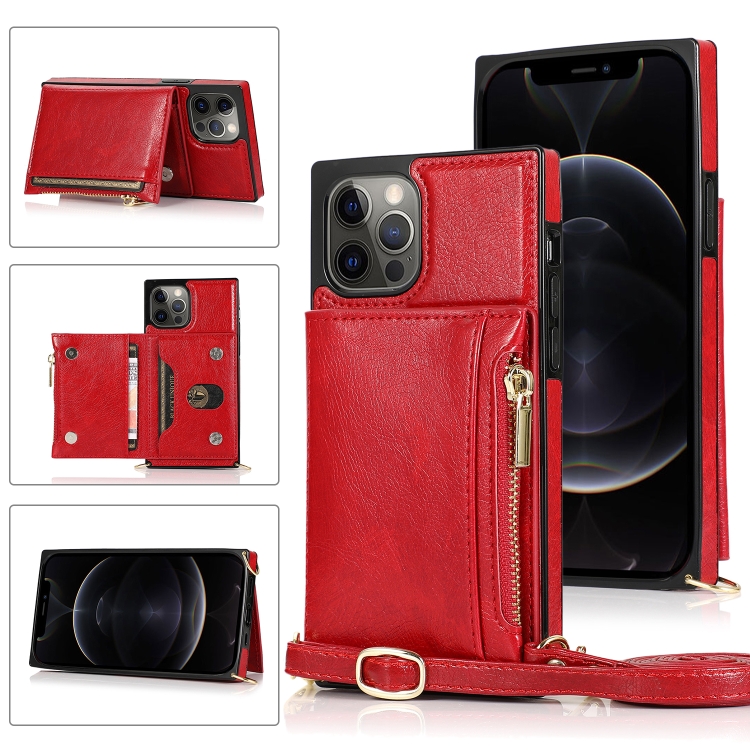 

Square Zipper Wallet Bag TPU+PU Back Cover Case with Holder & Card Slots & Wallet & Cross-body Strap For iPhone 12 Pro Max(Red)