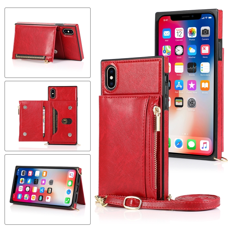 

Square Zipper Wallet Bag TPU+PU Back Cover Case with Holder & Card Slots & Wallet & Cross-body Strap For iPhone XS / X(Red)