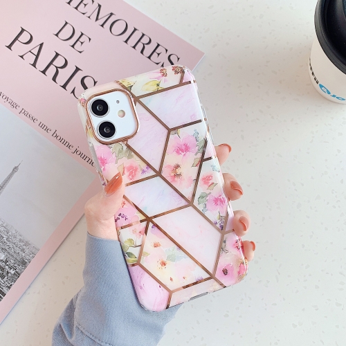 

Gold Rimmed Splicing Marble Pattern Plating Double-layer PC Case For iPhone 11 Pro Max(Pink Flowers)