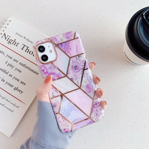 

Gold Rimmed Splicing Marble Pattern Plating Double-layer PC Case For iPhone 12 mini(Light Purple Flowers)