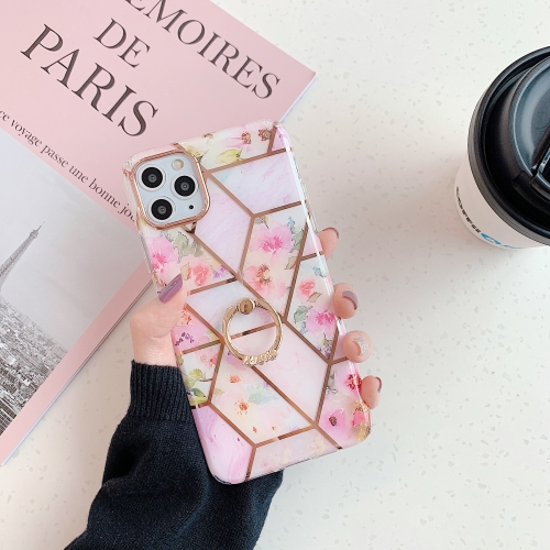 

Gold Rimmed Splicing Marble Pattern Plating Double-layer PC Case with Ring Holder For iPhone 11(Pink Flowers)