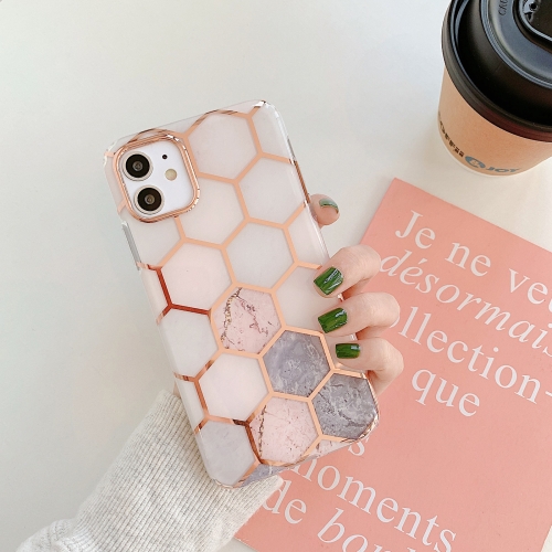 

Gold Rimmed Marble Pattern Plating Double-layer PC Case For iPhone 11 Pro Max(Grey Pink)