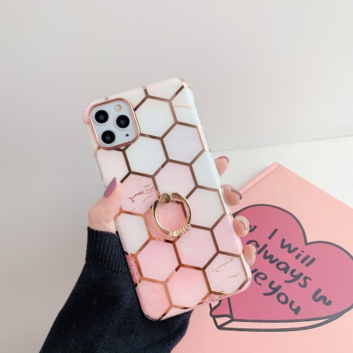 

Gold Rimmed Marble Pattern Plating Double-layer PC Case with Ring Holder For iPhone 11 Pro(Pink)