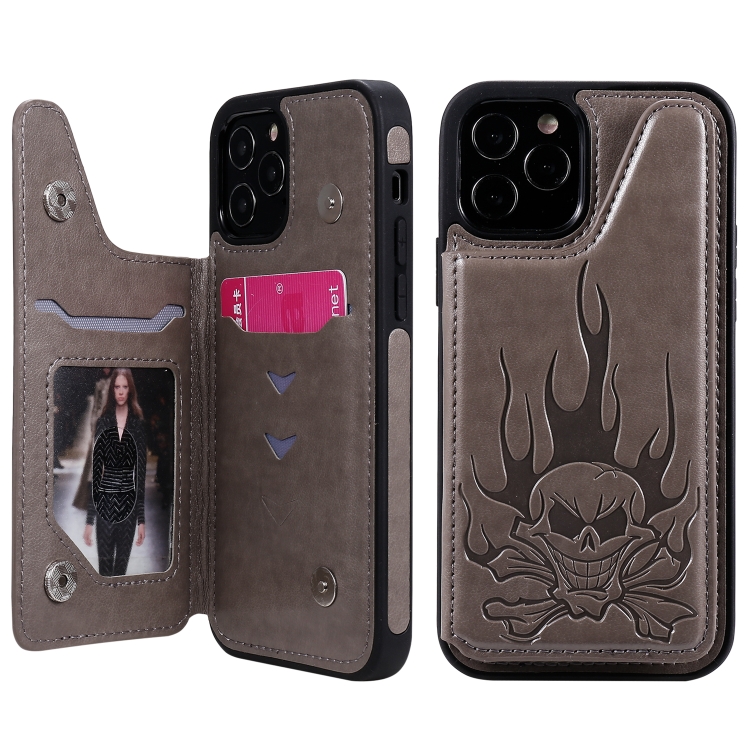 

Skull Head Embossing Pattern Shockproof Protective Case with Holder & Card Slots & Wallet For iPhone 12 / 12 Pro(Grey)