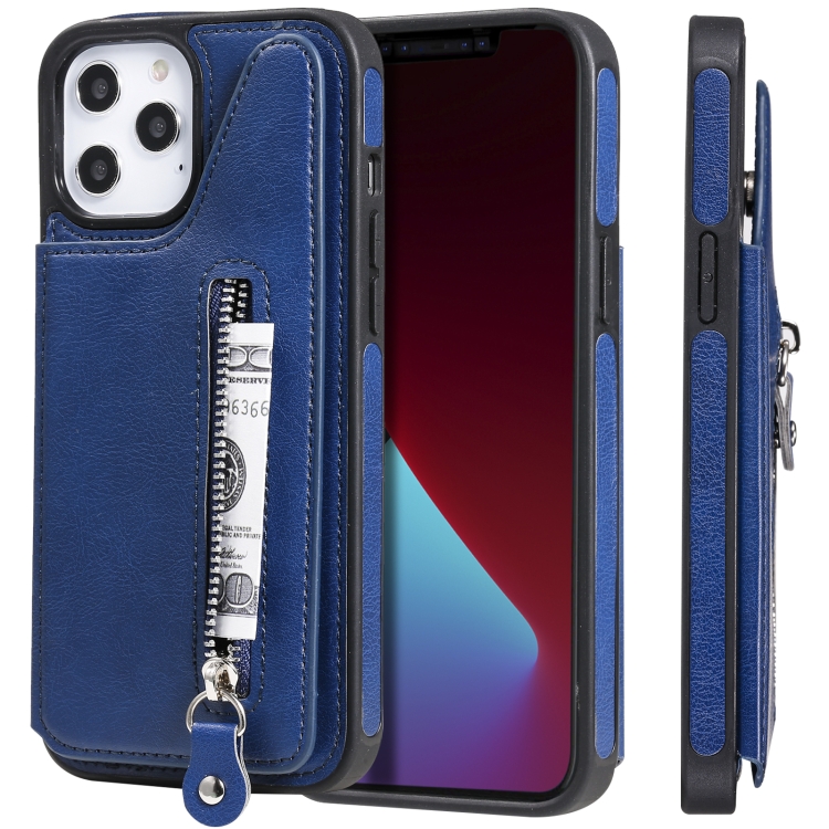 

Solid Color Double Buckle Zipper Shockproof Protective Case For iPhone 12 Pro Max(Blue)