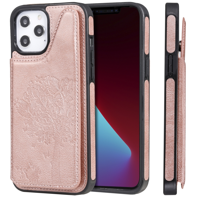 

Cat Tree Embossing Pattern Shockproof Protective Case with Card Slots & Photo Frame & Holder For iPhone 12 Pro Max(Rose Gold)