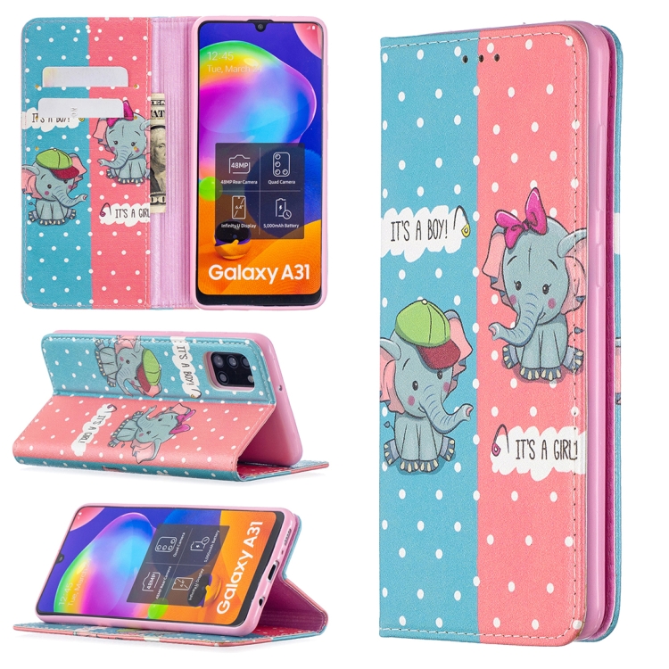 

For Samsung Galaxy A31 Colored Drawing Pattern Invisible Magnetic Horizontal Flip PU Leather Case with Holder & Card Slots & Wallet(Elephant)