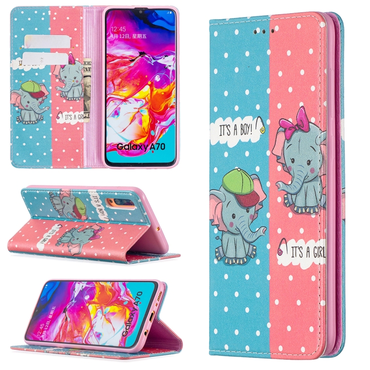 

For Samsung Galaxy A70 Colored Drawing Pattern Invisible Magnetic Horizontal Flip PU Leather Case with Holder & Card Slots & Wallet(Elephant)