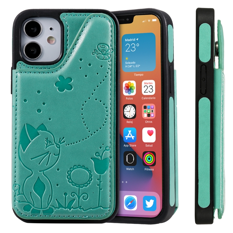 

Cat Bee Embossing Pattern Shockproof Protective Case with Card Slots & Photo Frame For iPhone 12 mini (Green)