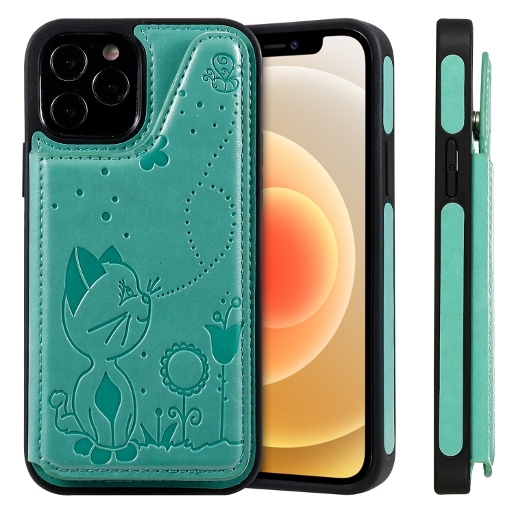 

Cat Bee Embossing Pattern Shockproof Protective Case with Card Slots & Photo Frame For iPhone 12 / 12 Pro (Green)