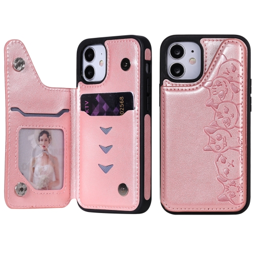 

Six Cats Embossing Pattern Protective Case with Holder & Card Slots & Photo Frame For iPhone 12 mini(Rose Gold)