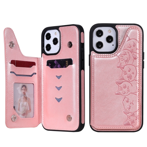 

Six Cats Embossing Pattern Protective Case with Holder & Card Slots & Photo Frame For iPhone 12 Pro Max(Rose Gold)