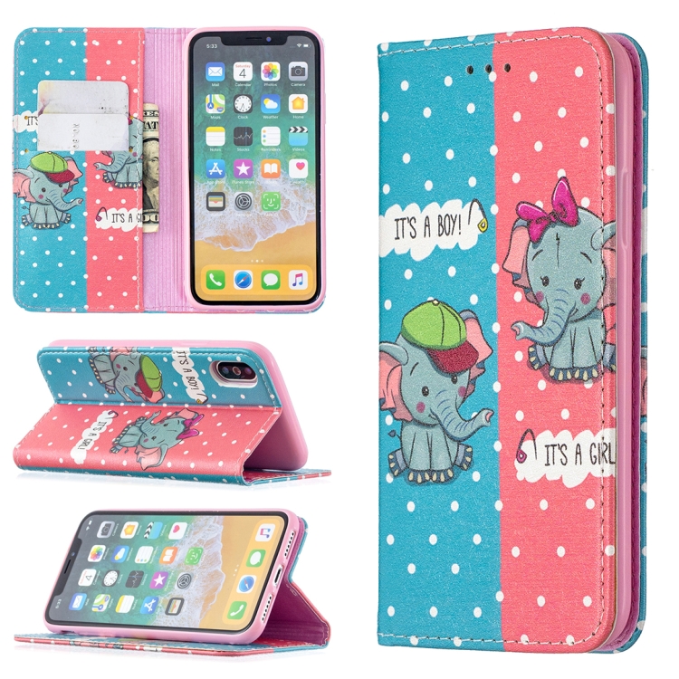 

Colored Drawing Pattern Invisible Magnetic Horizontal Flip PU Leather Case with Holder & Card Slots & Wallet For iPhone X / XS(Elephant)