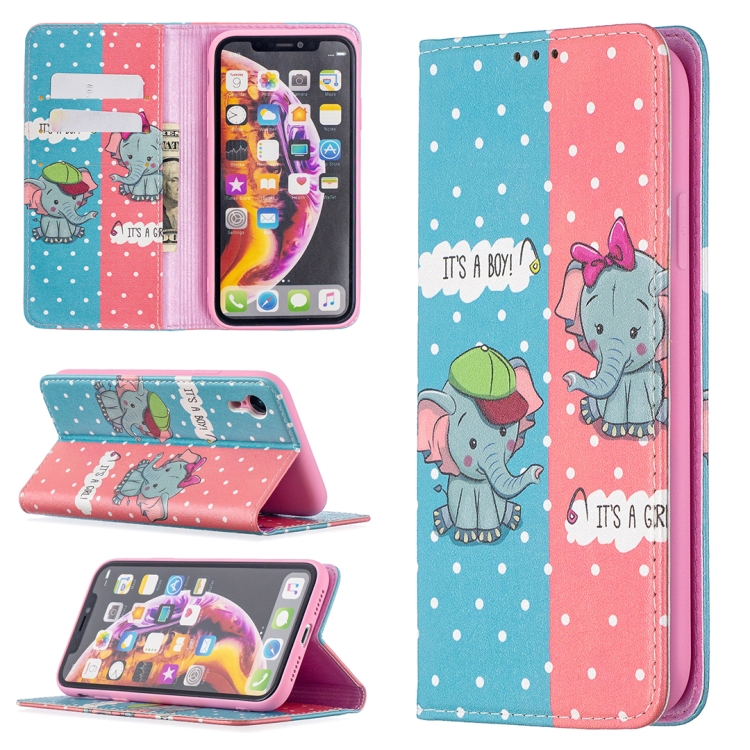 

Colored Drawing Pattern Invisible Magnetic Horizontal Flip PU Leather Case with Holder & Card Slots & Wallet For iPhone XR(Elephant)