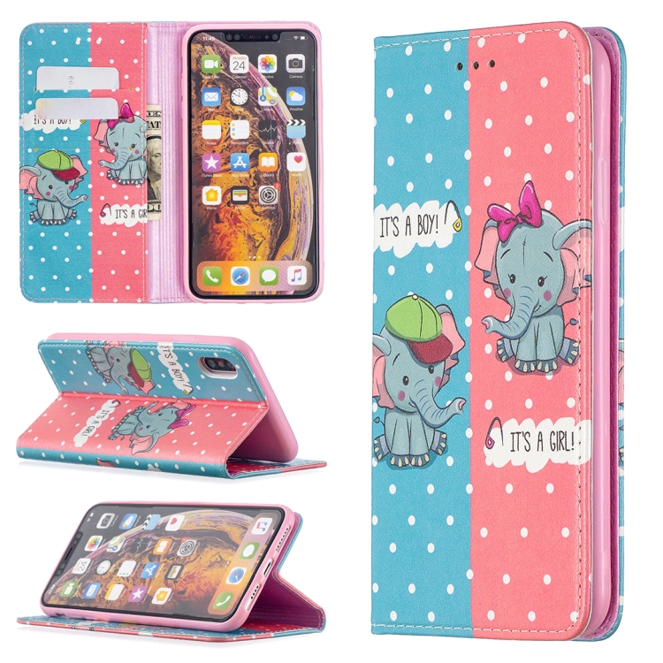 

Colored Drawing Pattern Invisible Magnetic Horizontal Flip PU Leather Case with Holder & Card Slots & Wallet For iPhone XS Max(Elephant)