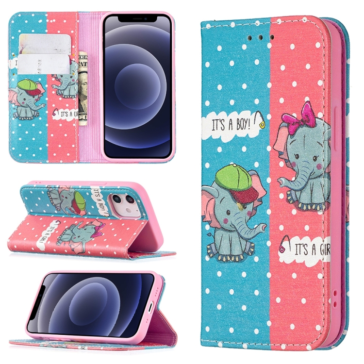 

Colored Drawing Pattern Invisible Magnetic Horizontal Flip PU Leather Case with Holder & Card Slots & Wallet For iPhone 12 mini(Elephant)