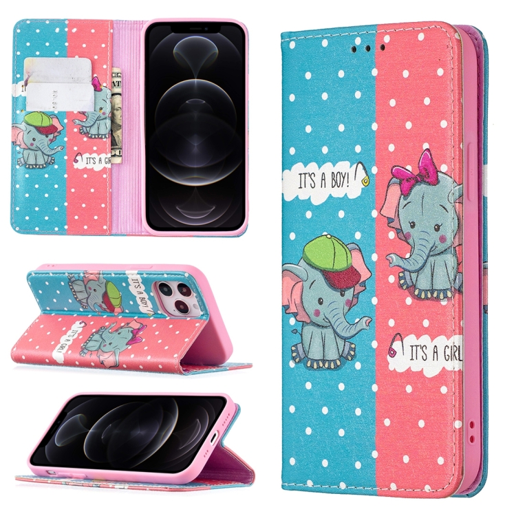 

Colored Drawing Pattern Invisible Magnetic Horizontal Flip PU Leather Case with Holder & Card Slots & Wallet For iPhone 12 / 12 Pro(Elephant)