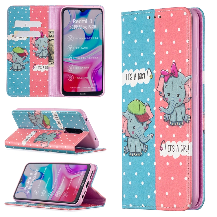 

For Xiaomi Redmi 8 Colored Drawing Pattern Invisible Magnetic Horizontal Flip PU Leather Case with Holder & Card Slots & Wallet(Elephant)