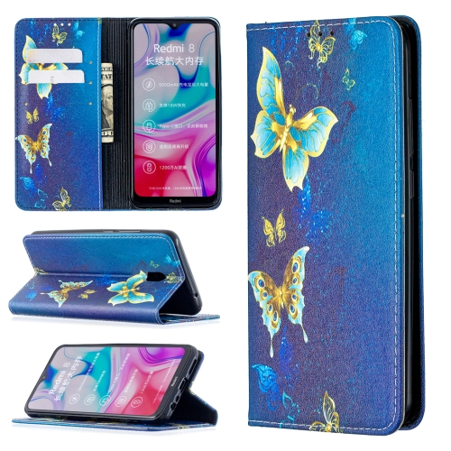 

For Xiaomi Redmi 8A Colored Drawing Pattern Invisible Magnetic Horizontal Flip PU Leather Case with Holder & Card Slots & Wallet(Gold Butterflies)