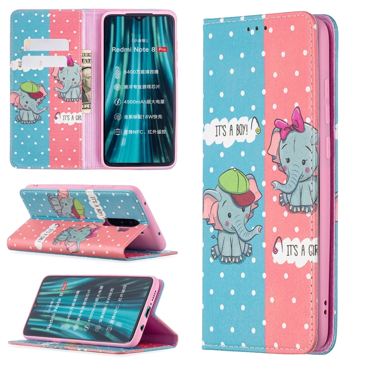 

For Xiaomi Redmi Note 8 Pro Colored Drawing Pattern Invisible Magnetic Horizontal Flip PU Leather Case with Holder & Card Slots & Wallet(Elephant)