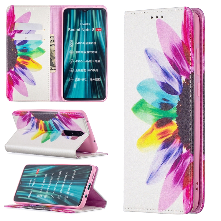 

For Xiaomi Redmi Note 8 Pro Colored Drawing Pattern Invisible Magnetic Horizontal Flip PU Leather Case with Holder & Card Slots & Wallet(Sunflower)