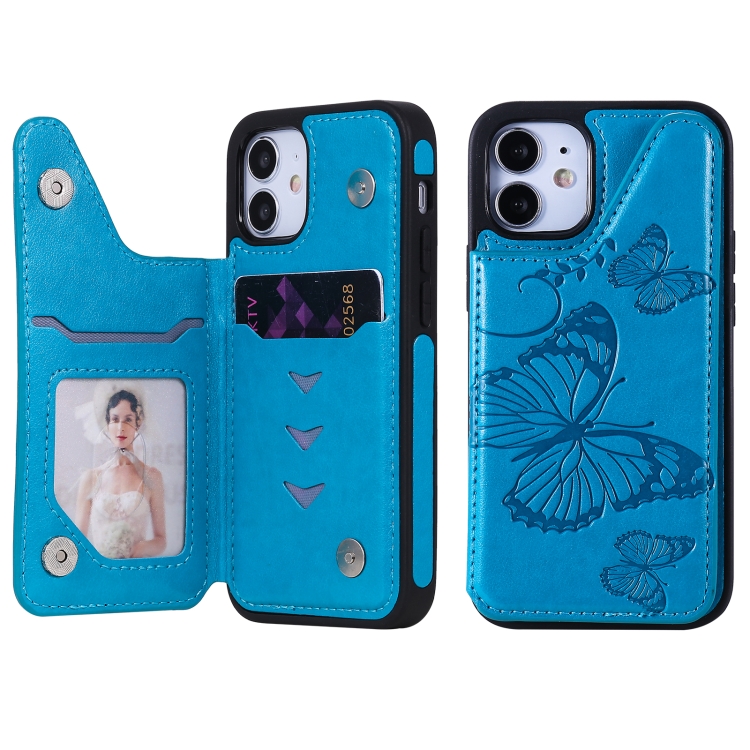 

Butterfly Embossing Pattern Shockproof Protective Case with Holder & Card Slots & Photo Frame For iPhone 12 mini(Blue)