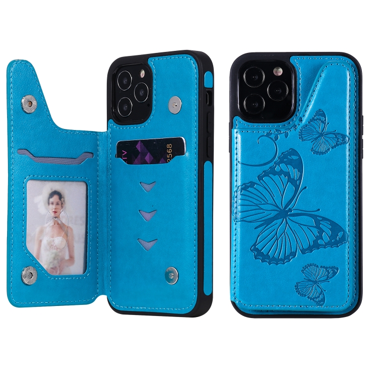 

Butterfly Embossing Pattern Shockproof Protective Case with Holder & Card Slots & Photo Frame For iPhone 12 / 12 Pro(Blue)