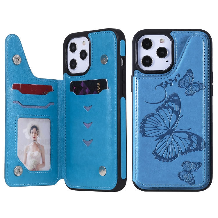 

Butterfly Embossing Pattern Shockproof Protective Case with Holder & Card Slots & Photo Frame For iPhone 12 Pro Max(Blue)