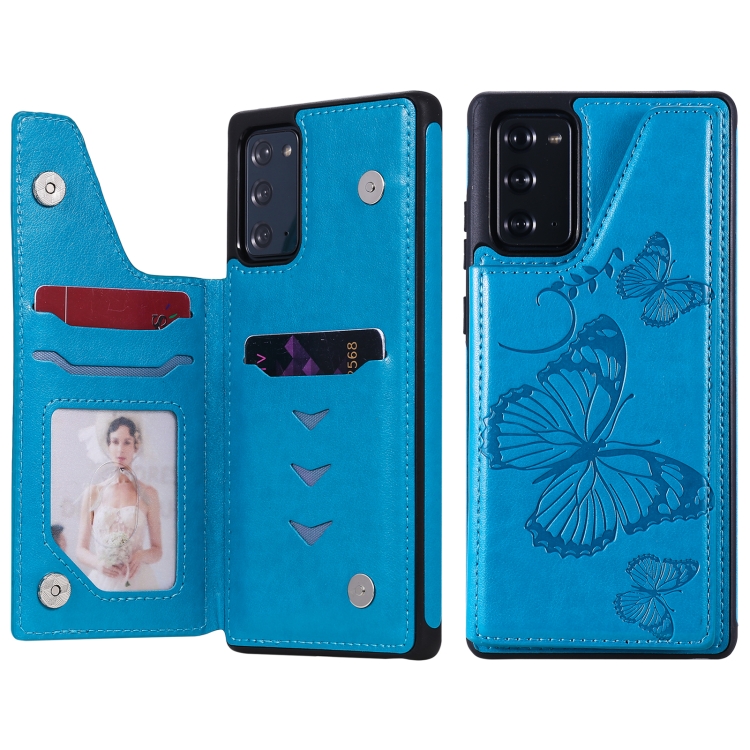

Butterfly Embossing Pattern Shockproof Protective Case with Holder & Card Slots & Photo Frame For Samsung Galaxy Note20(Blue)