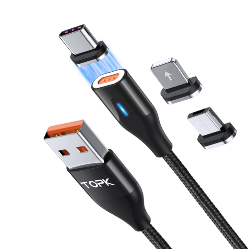 

TOPK AM63 1m USB to 8 Pin + USB-C / Type-C + Micro USB 3 in 1 Flat Magnetic Metal Connector Nylon Braided Magnetic Fast Charging Data Cable(Black)