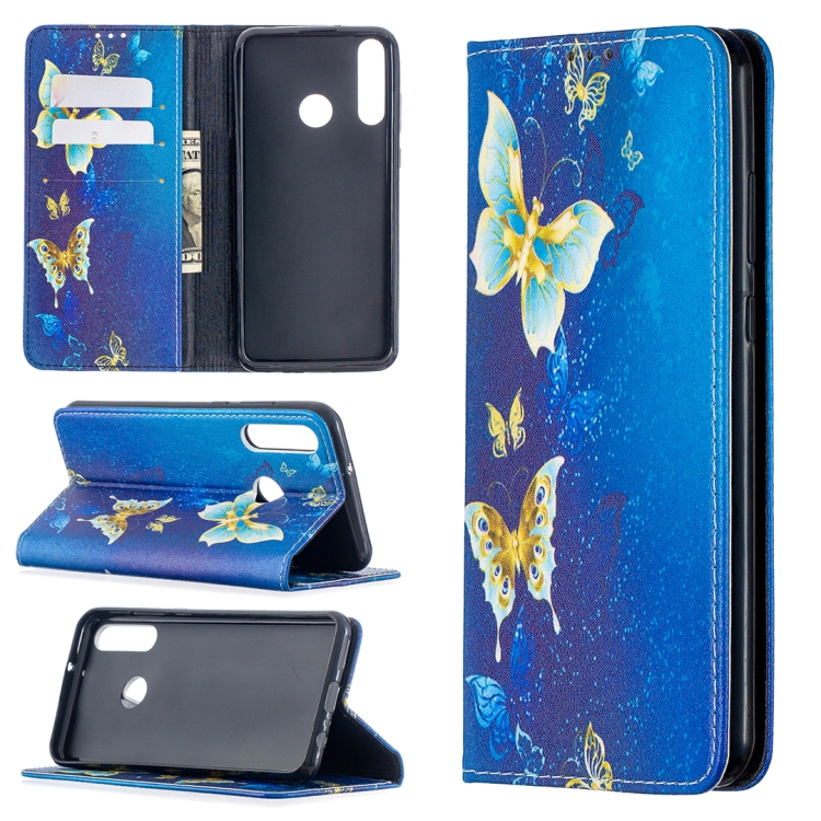 

For Huawei Y6p Colored Drawing Pattern Invisible Magnetic Horizontal Flip PU Leather Case with Holder & Card Slots & Wallet(Gold Butterflies)