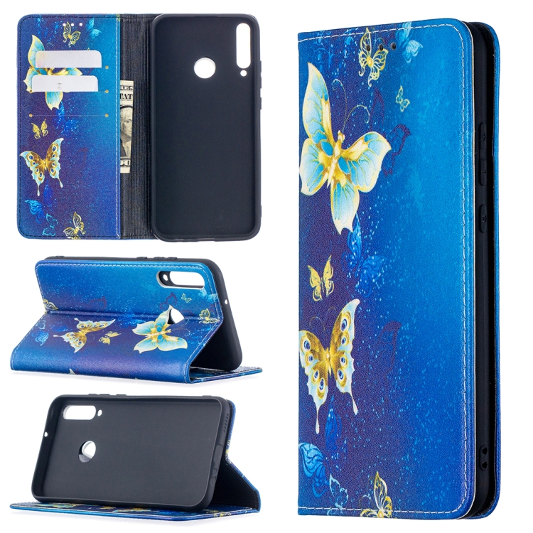 

For Huawei Y7p Colored Drawing Pattern Invisible Magnetic Horizontal Flip PU Leather Case with Holder & Card Slots & Wallet(Gold Butterflies)