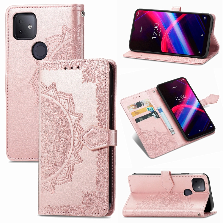 

For T-Mobile Revvl 4+ Embossed Mandala Pattern TPU + PU Horizontal Flip Leather Case with Holder & Three Card Slots & Wallet(Rose Gold)