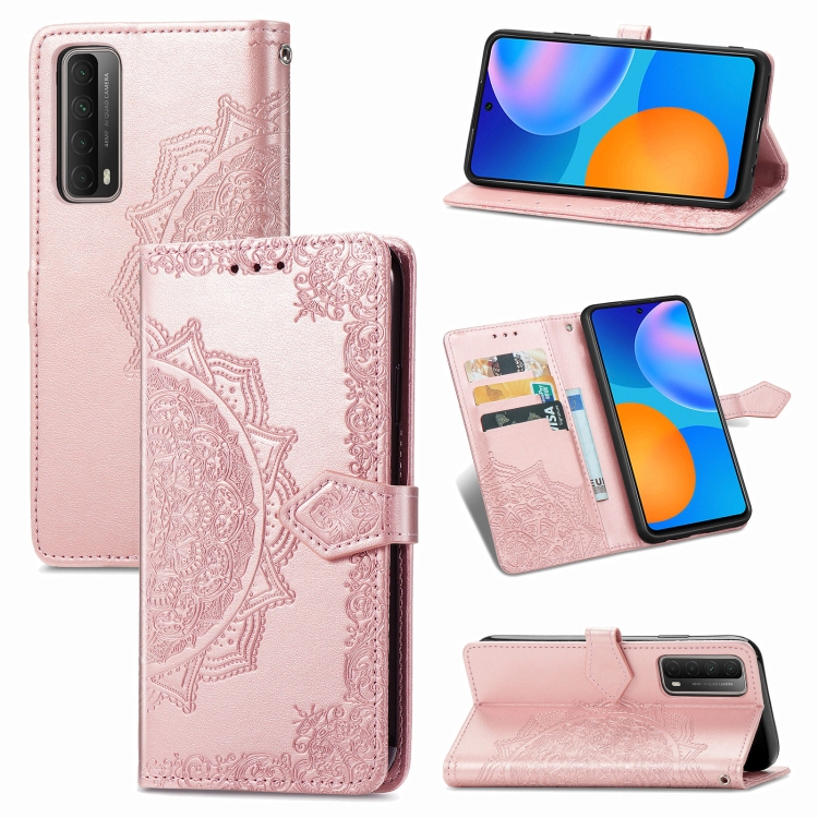 

For Huawei P Smart (2021) Embossed Mandala Pattern TPU + PU Horizontal Flip Leather Case with Holder & Three Card Slots & Wallet(Rose Gold)