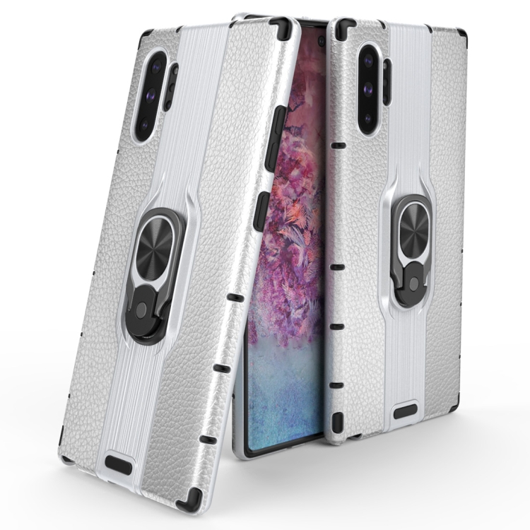 

For Galaxy Note10+ Litchi Texture PC + TPU Combination Case with Magnetic Ring Holder(Silver)